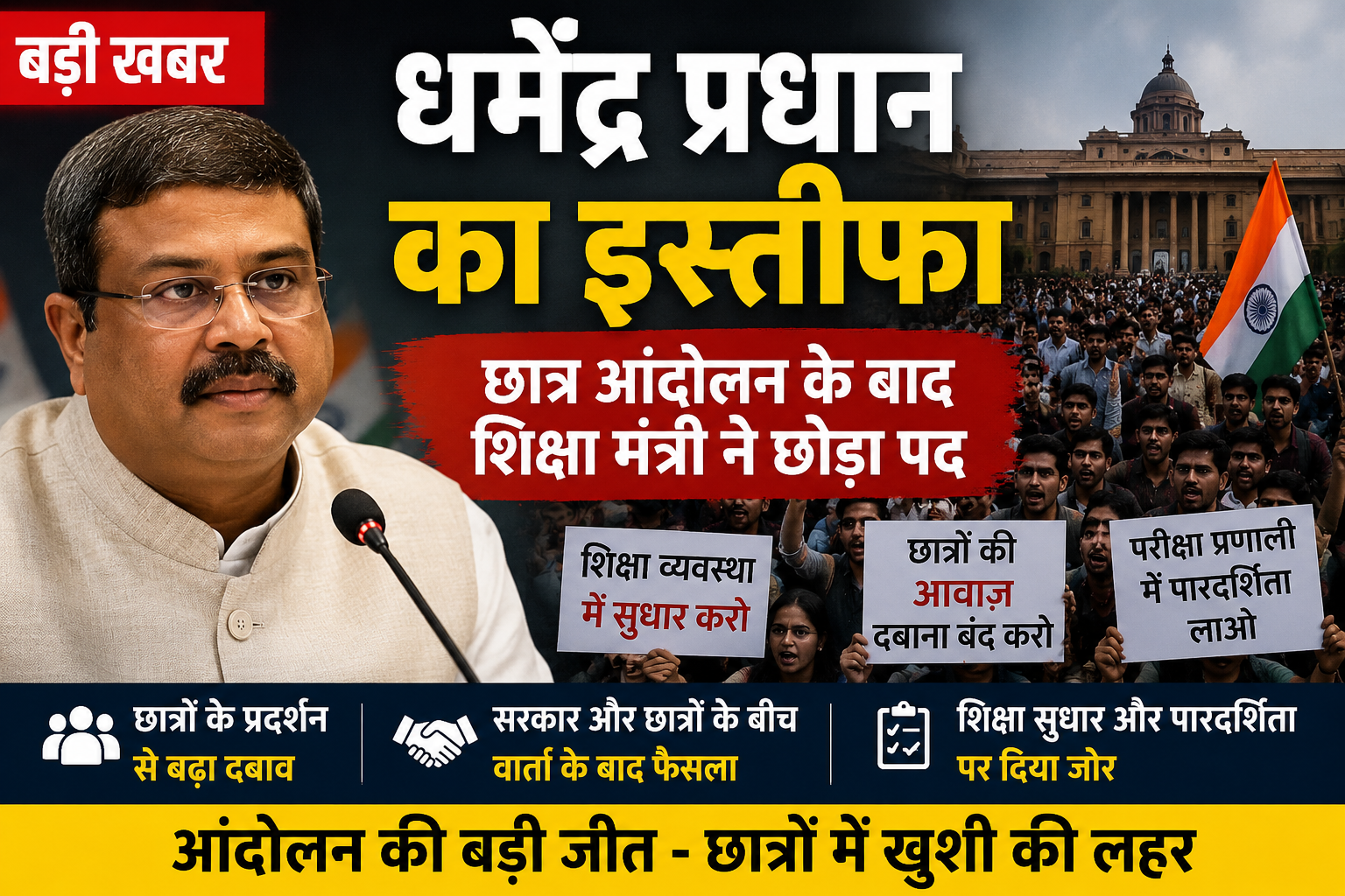 धर्मेंद्र प्रधान इस्तीफा के बाद छात्र आंदोलन और शिक्षा सुधार की मांग से जुड़ी सांकेतिक तस्वीर